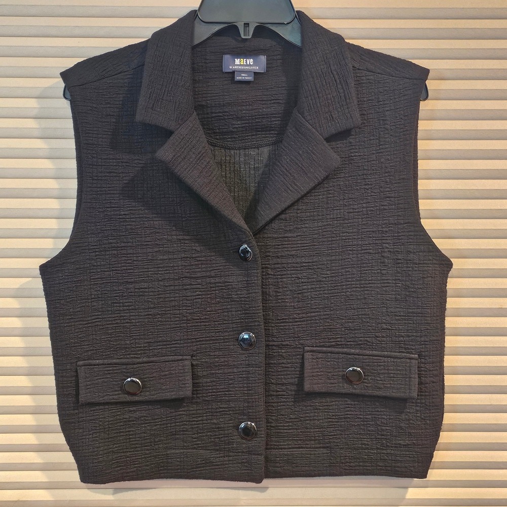 Maeve Anthropologie Black Textured Button Front Vest Small Notched Lapel